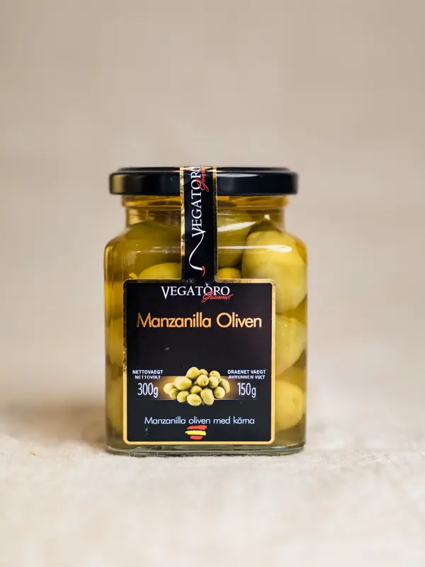 Vegatoro Manzanilla oliven 300g – autentiske spanske grønne oliven med stein, perfekt til tapas, salater og som snacks.
